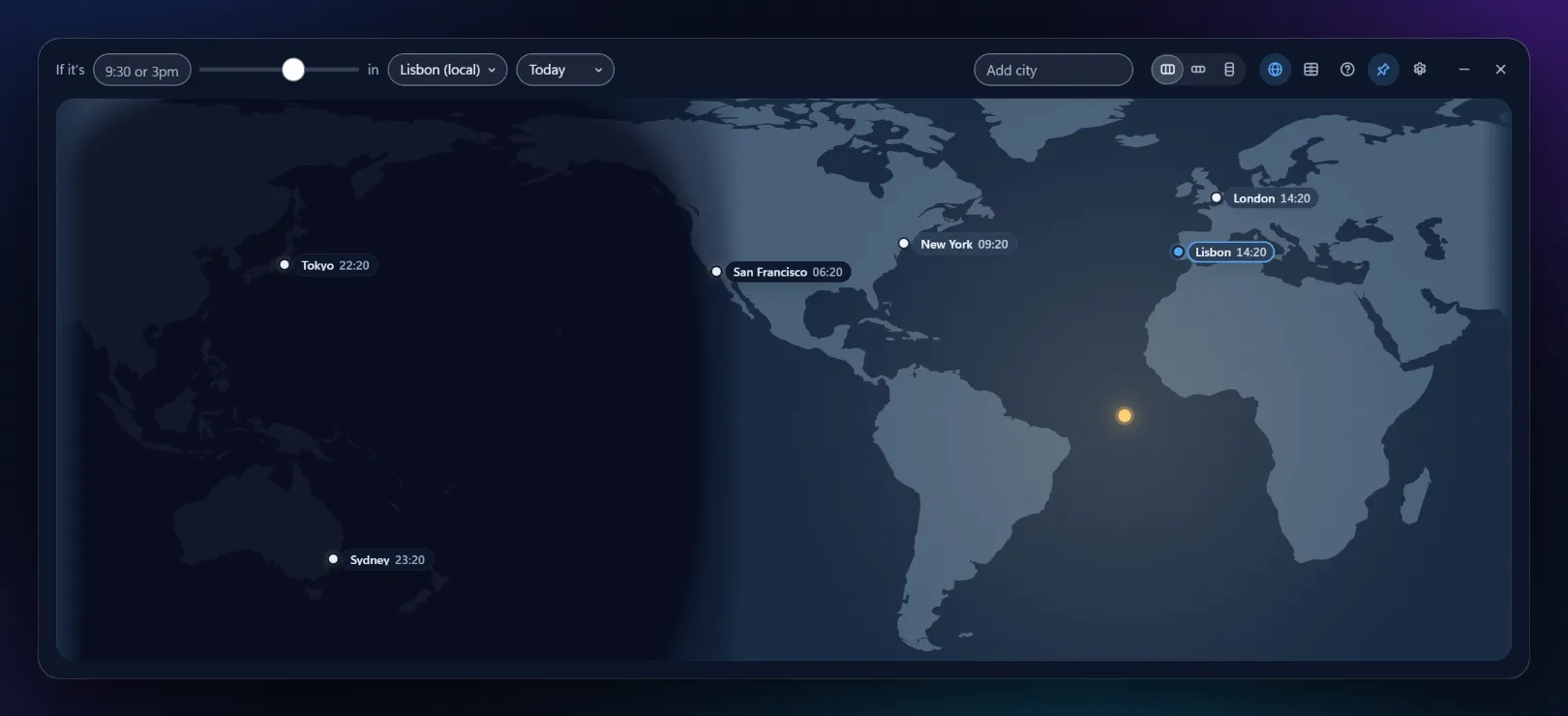 The world map view: night over the Pacific, Asia and Australia, daylight over the Americas, Europe and Africa, the sun over the South Atlantic, and pins for Tokyo, Sydney, San Francisco, New York, London and Lisbon.